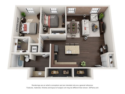 Floor plan for 2 beds, 1 bath, 1053 sqft